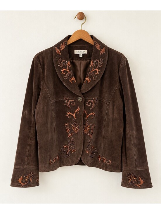 Coldwater Creek Jackets & Blazers - Coldwater Creek Brown Genuine Leather Embroidered Jacket Womens XL Floral Beaded